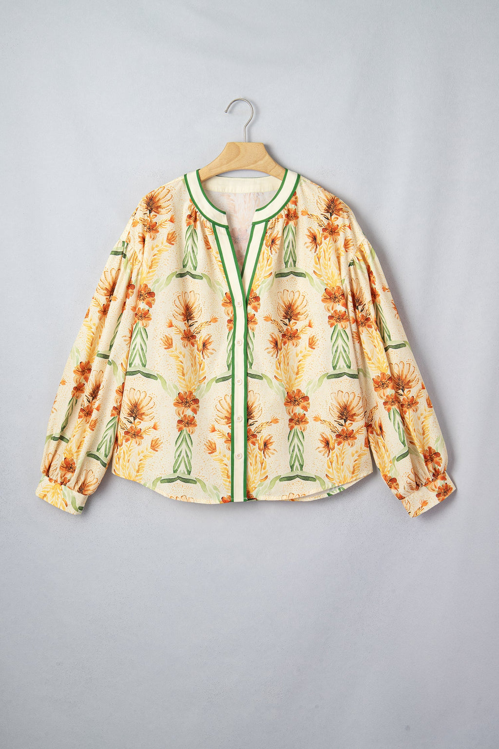 Floral Stripe Contrast V-Neck Blouse in yellow, detail
