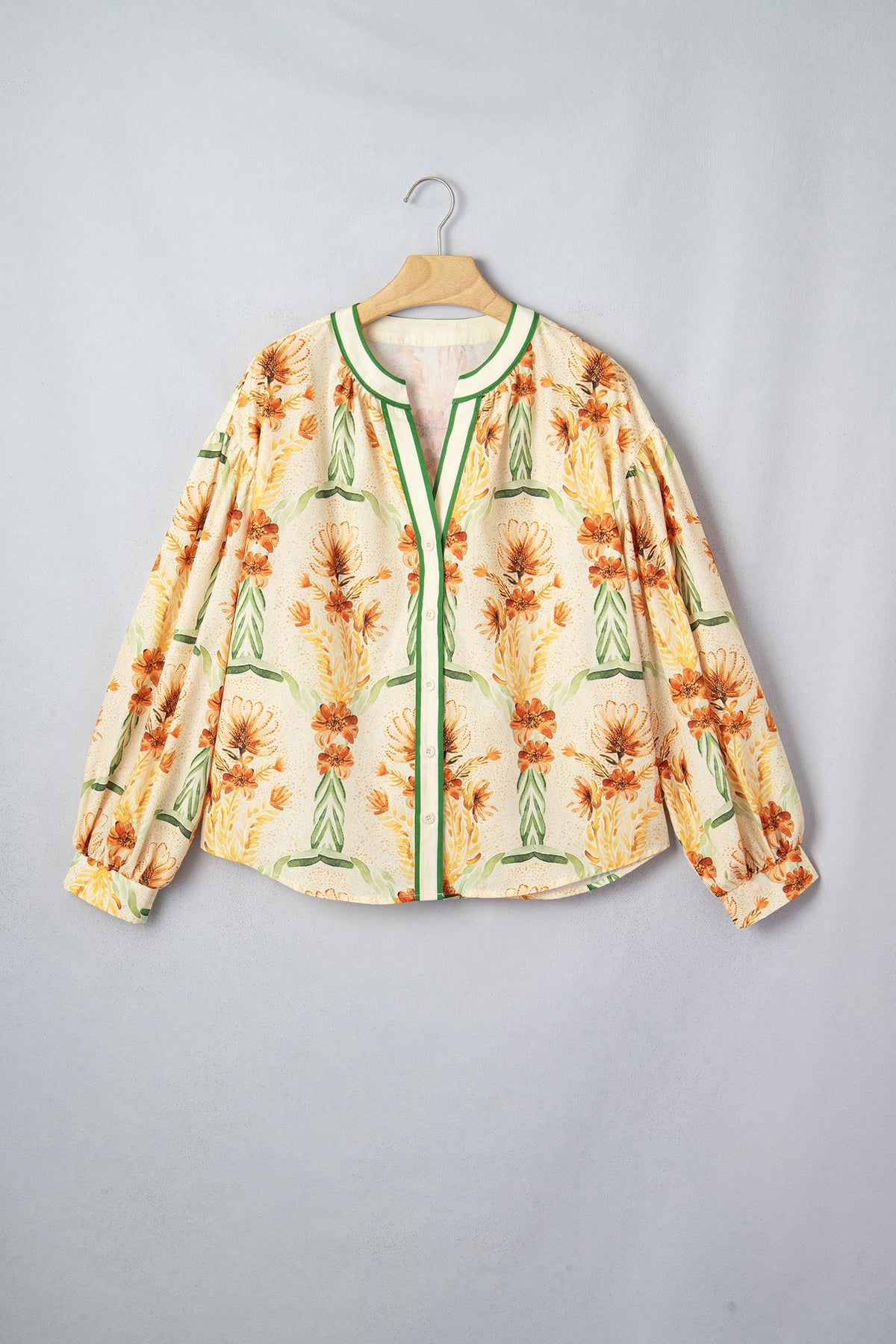 Floral Stripe Contrast V-Neck Blouse in yellow, detail