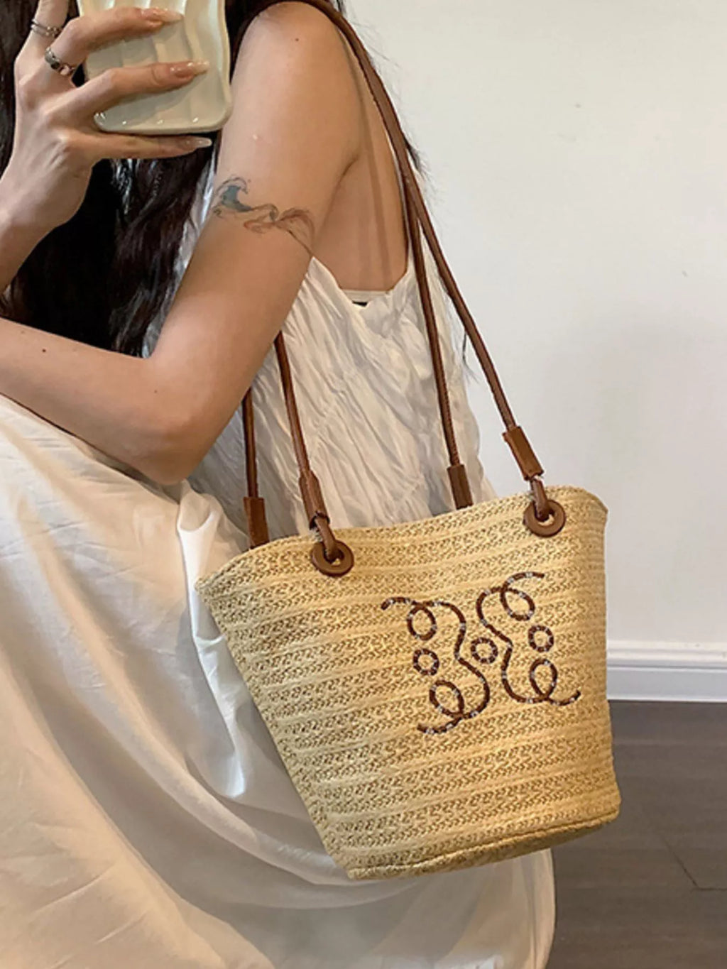 Straw Bucket Shoulder Bag - flat lay view