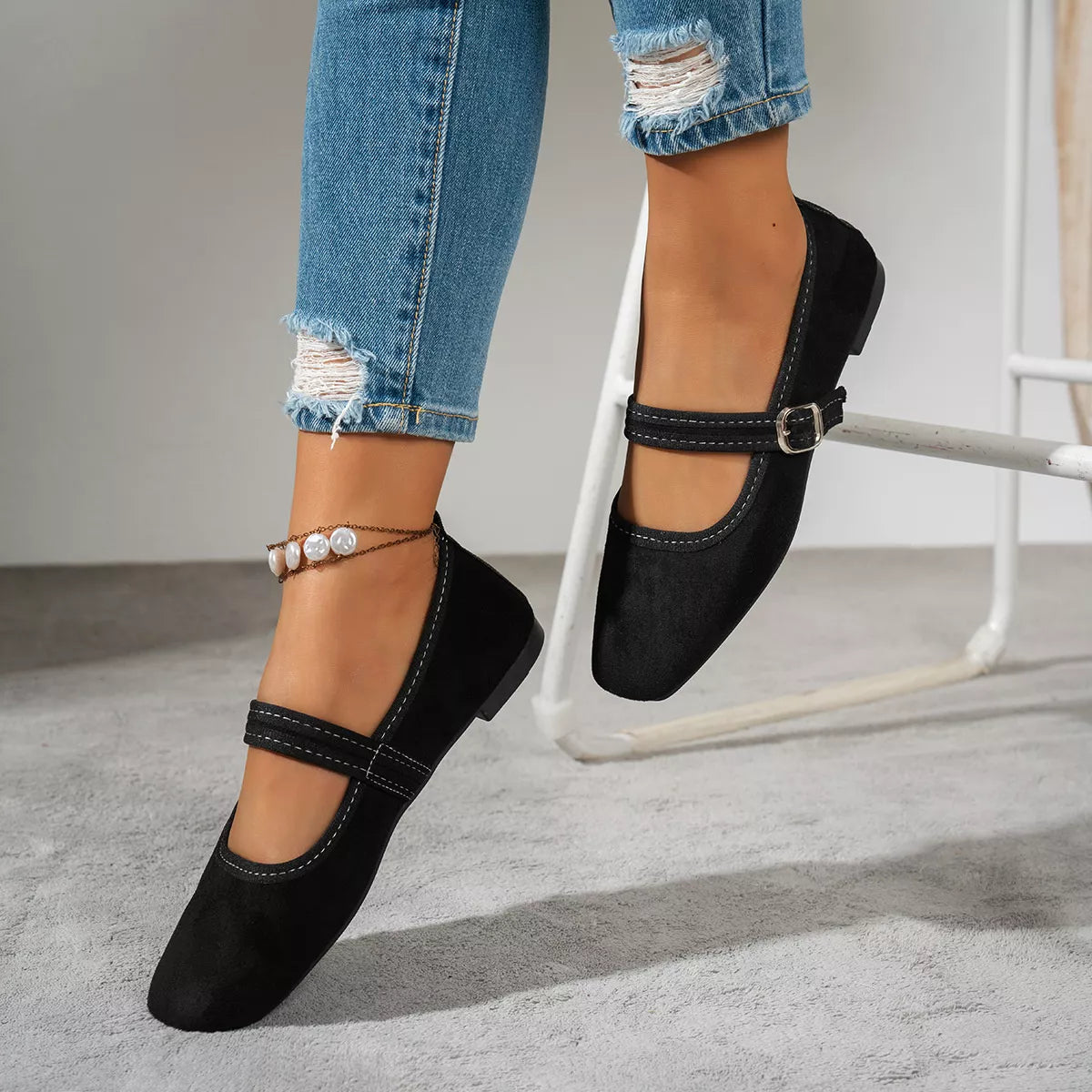 Women's square toe slip-on flats, available in black, brown and light brown