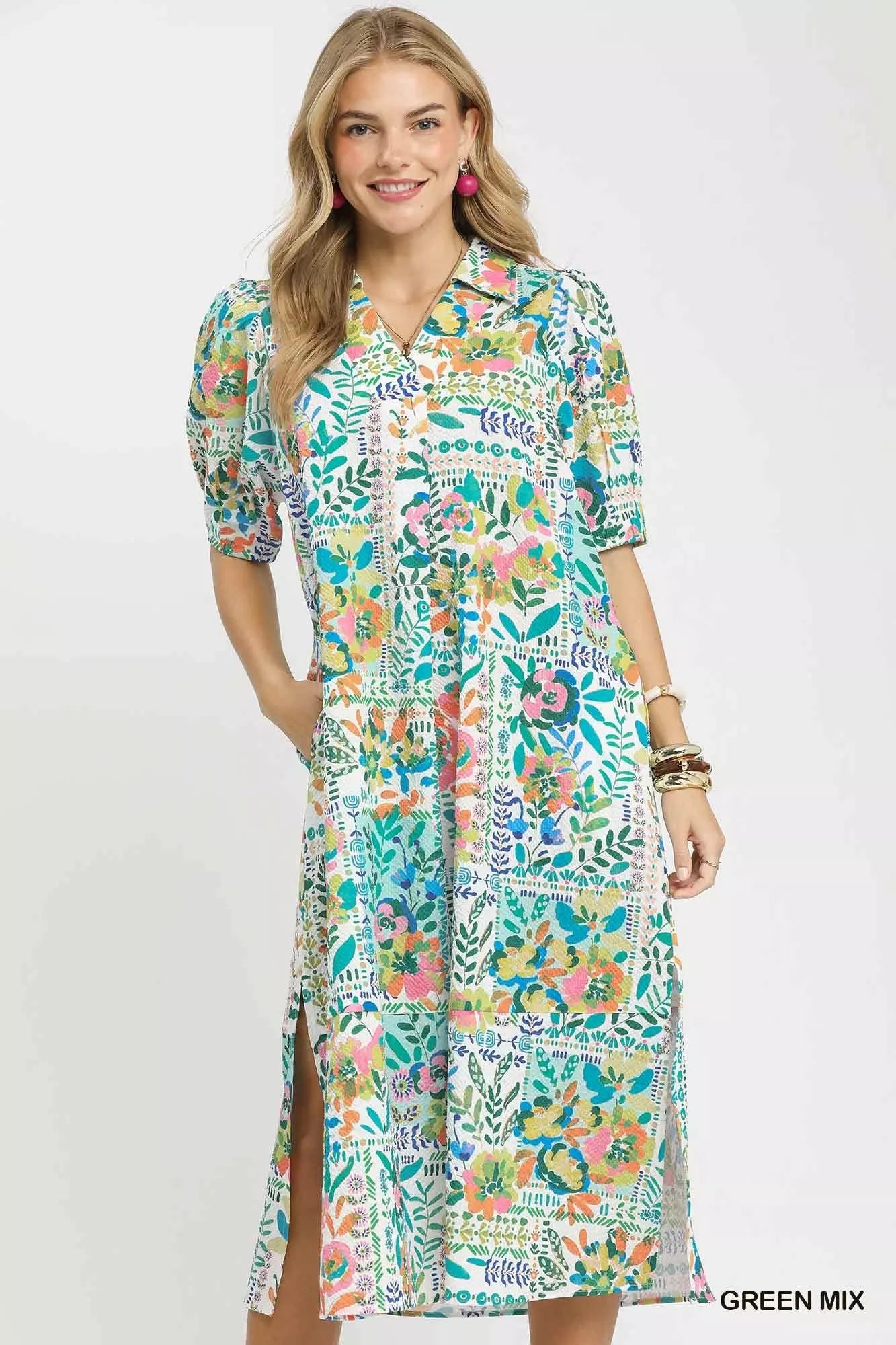 Umgee Folk Print Midi Dress in Green Mix - front view showing collared V-neck and button placket