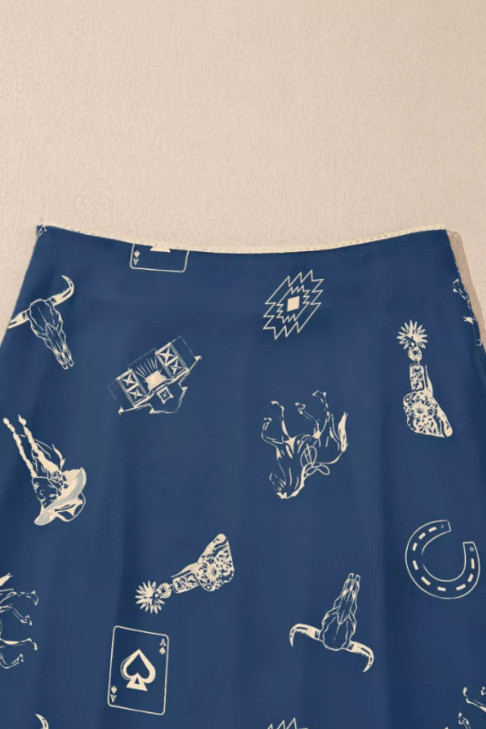 Western Print Satin Maxi Skirt in Navy - close up of western print and satin fabric