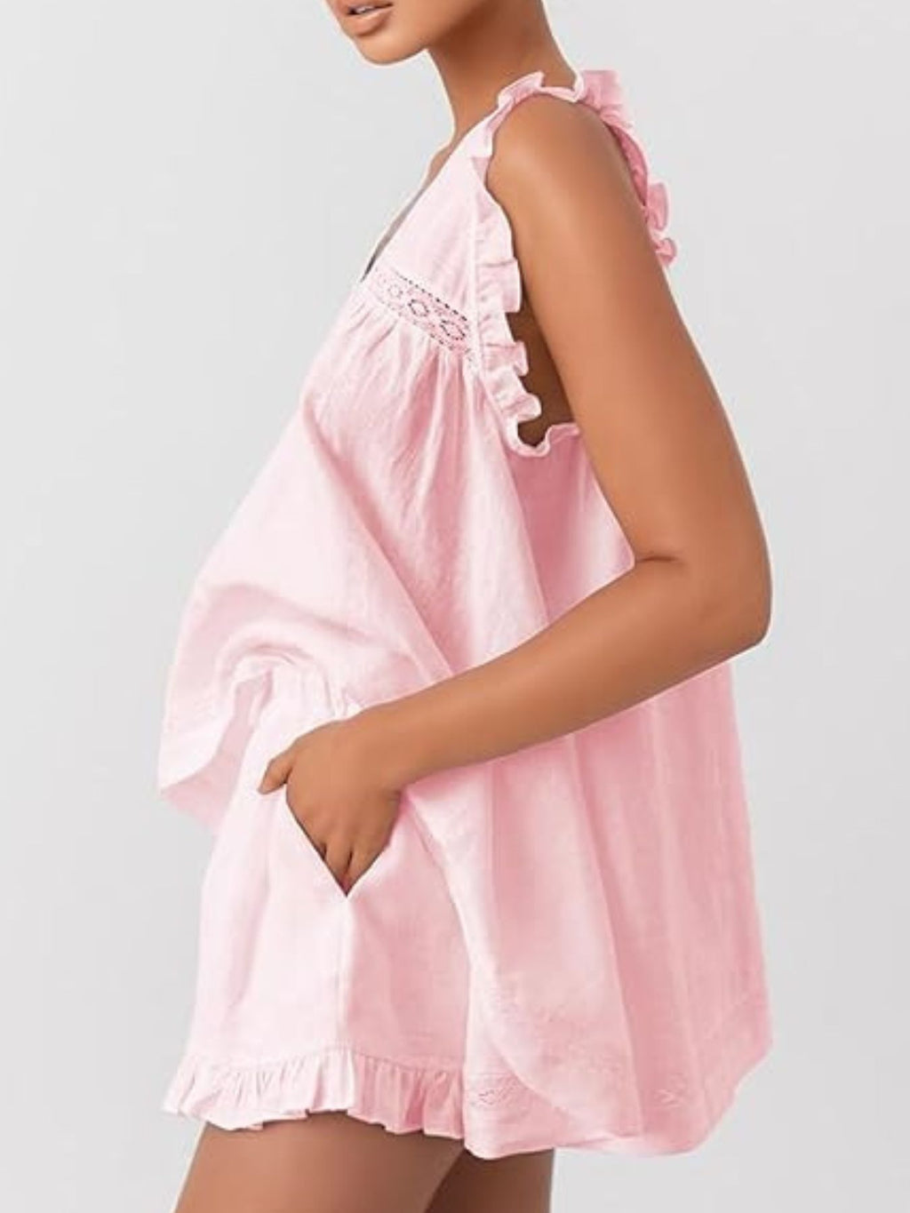 Ruffle Trim V-Neck Top and Shorts Set - ruffled two-piece set, view 10