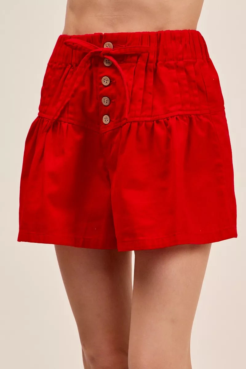 SO ME Denim Pintucked Buttoned Shorts With Waist Tie - high-waist denim shorts, view 2