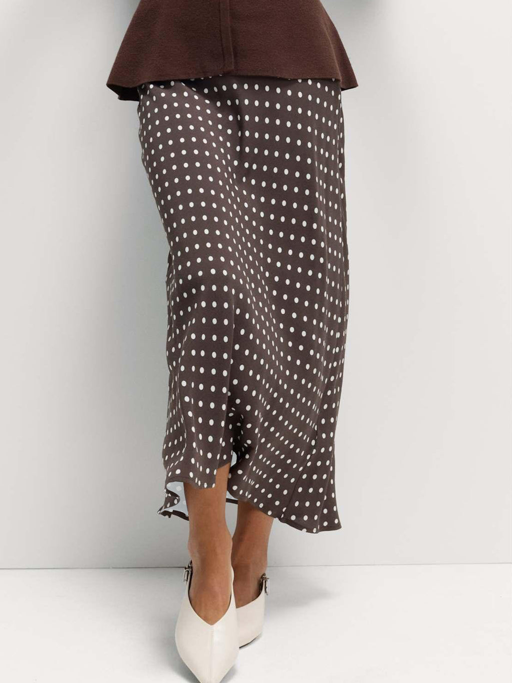 Polka Dot Midi Skirt in Brown - side view