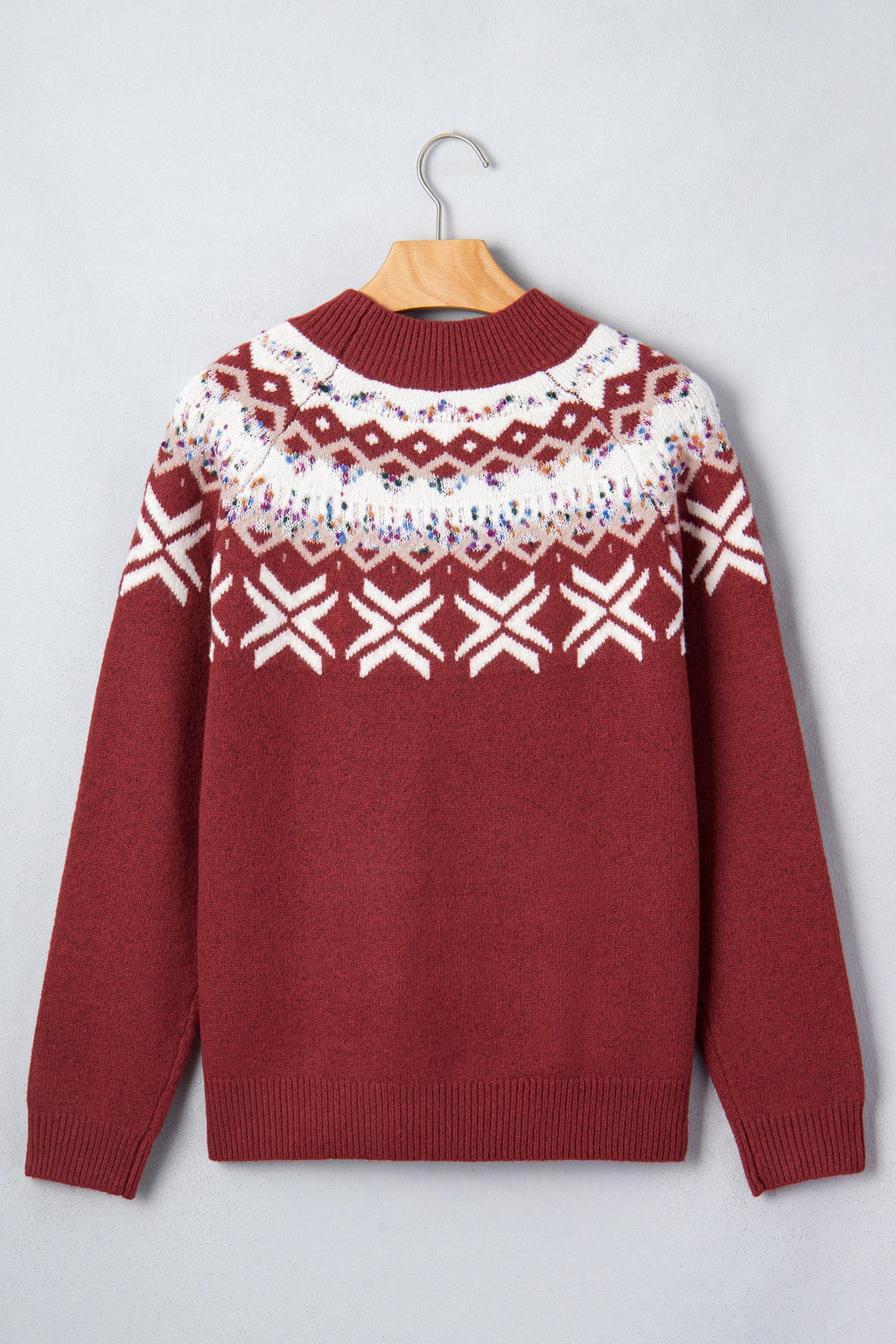 Christmas Fair Isle Raglan Sweater in chicory coffee and red dahlia, styled view