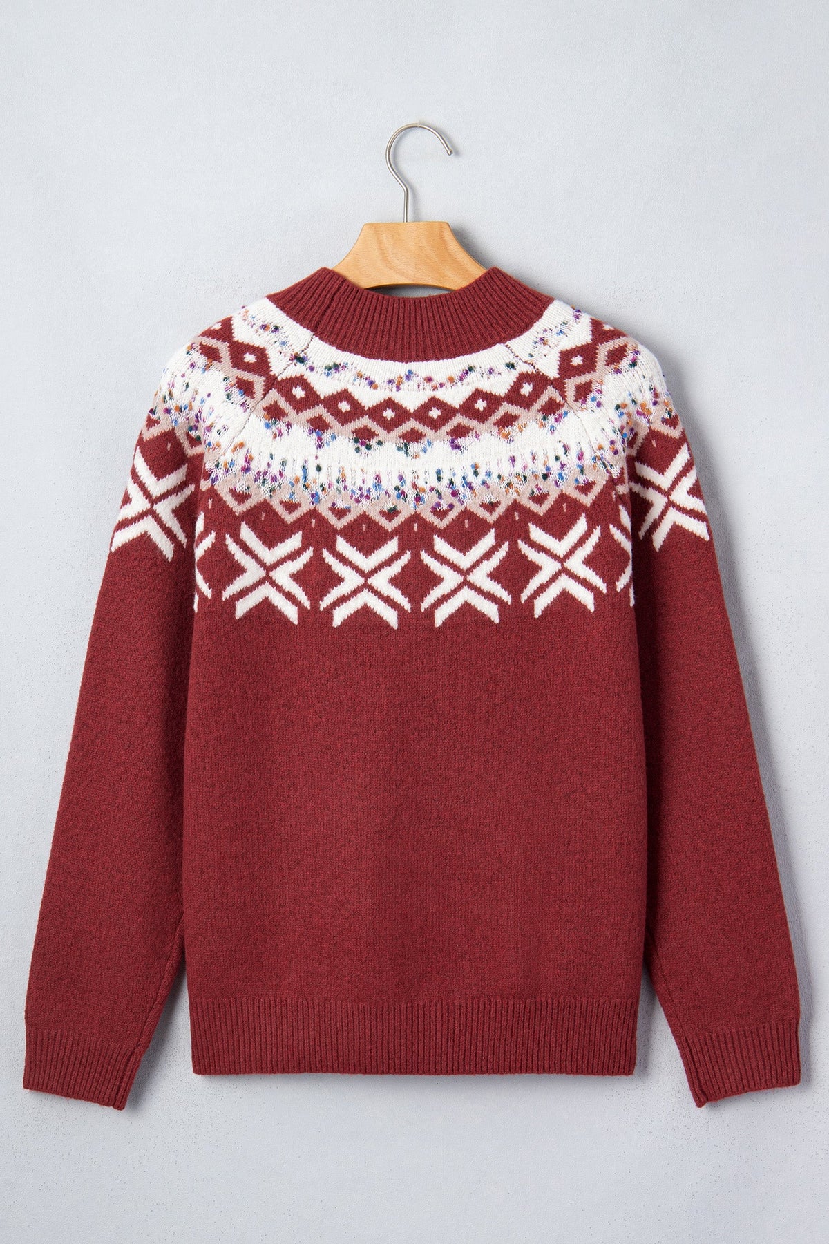 Christmas Fair Isle Raglan Sweater in chicory coffee and red dahlia, styled view