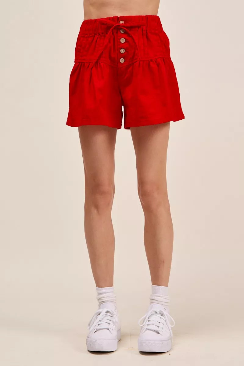 SO ME Denim Pintucked Buttoned Shorts With Waist Tie - high-waist denim shorts, view 4