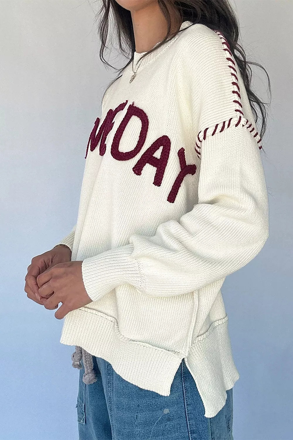 Drop Shoulder Game Day Letter Sweater - drop shoulder lettering sweater, view 6
