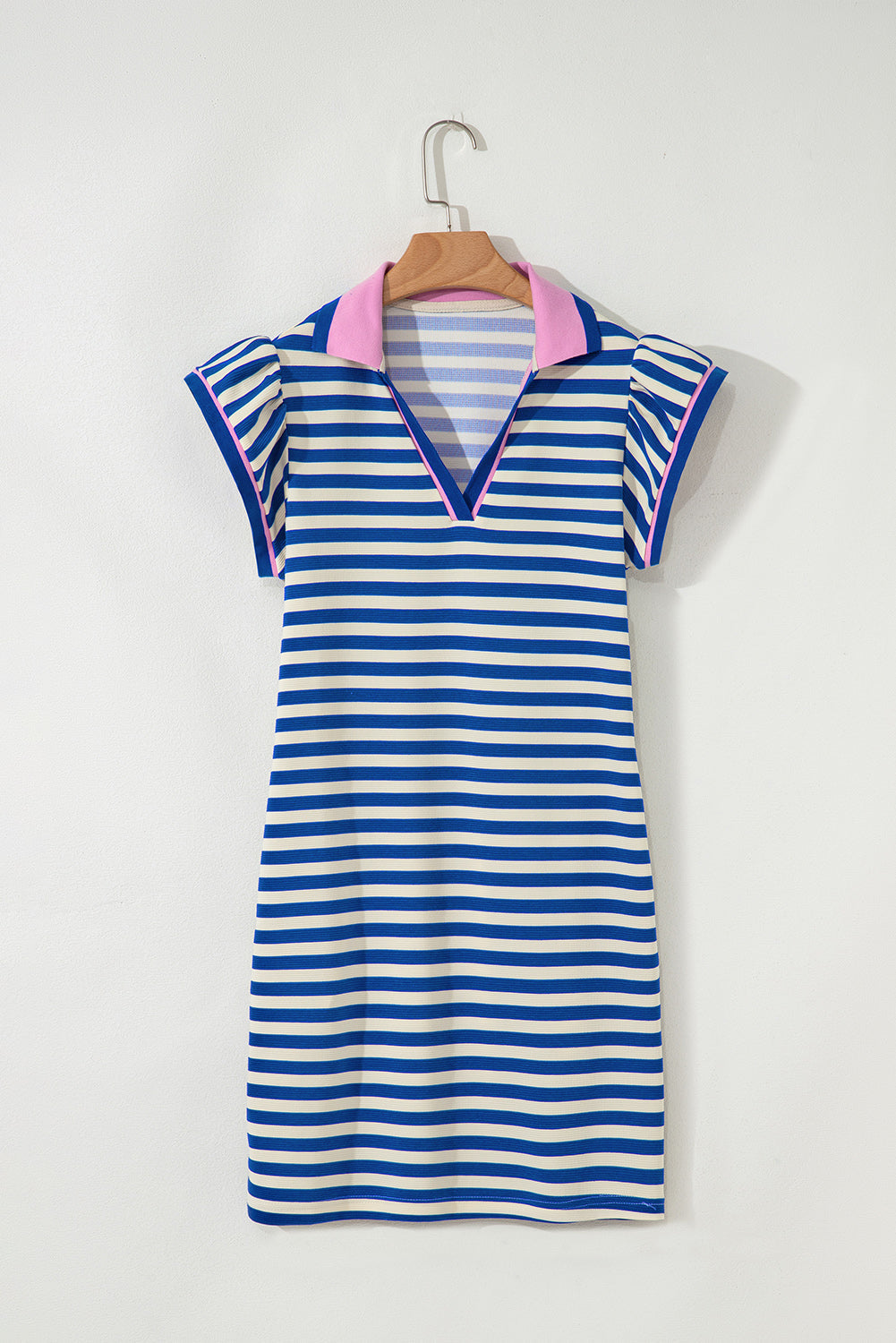 Stripe Flutter Sleeve Contrast Collar Mini Dress in Dark Blue - back view