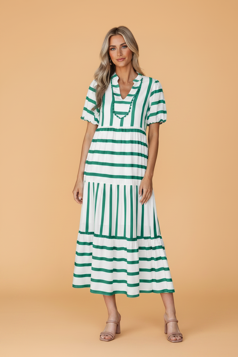 Stripe Ricrac Trim Notched Neck Midi Dress in Green Stripe with empire waistline, notched V-neckline, ricrac trim, and puff sleeves shown on model