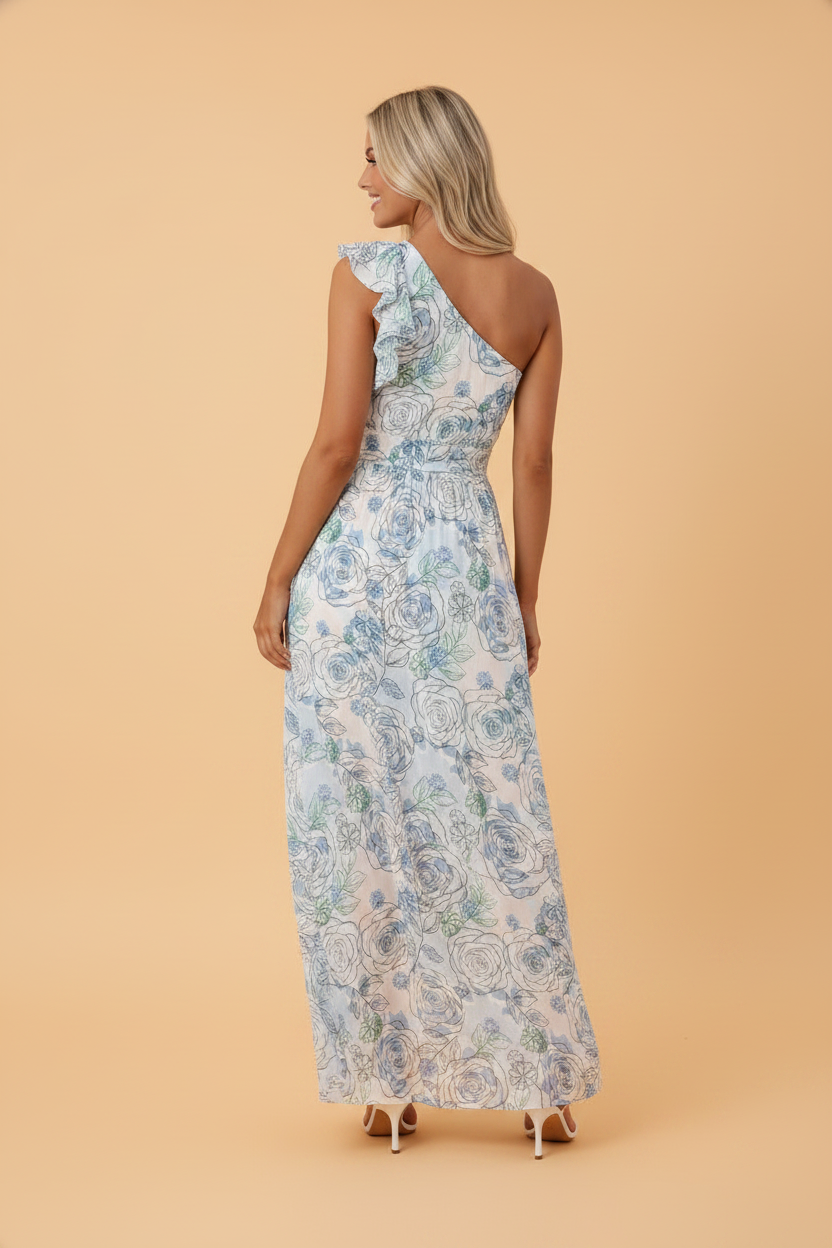 Floral Ruffle One Shoulder Maxi Dress in Sky Blue - back view showing maxi length