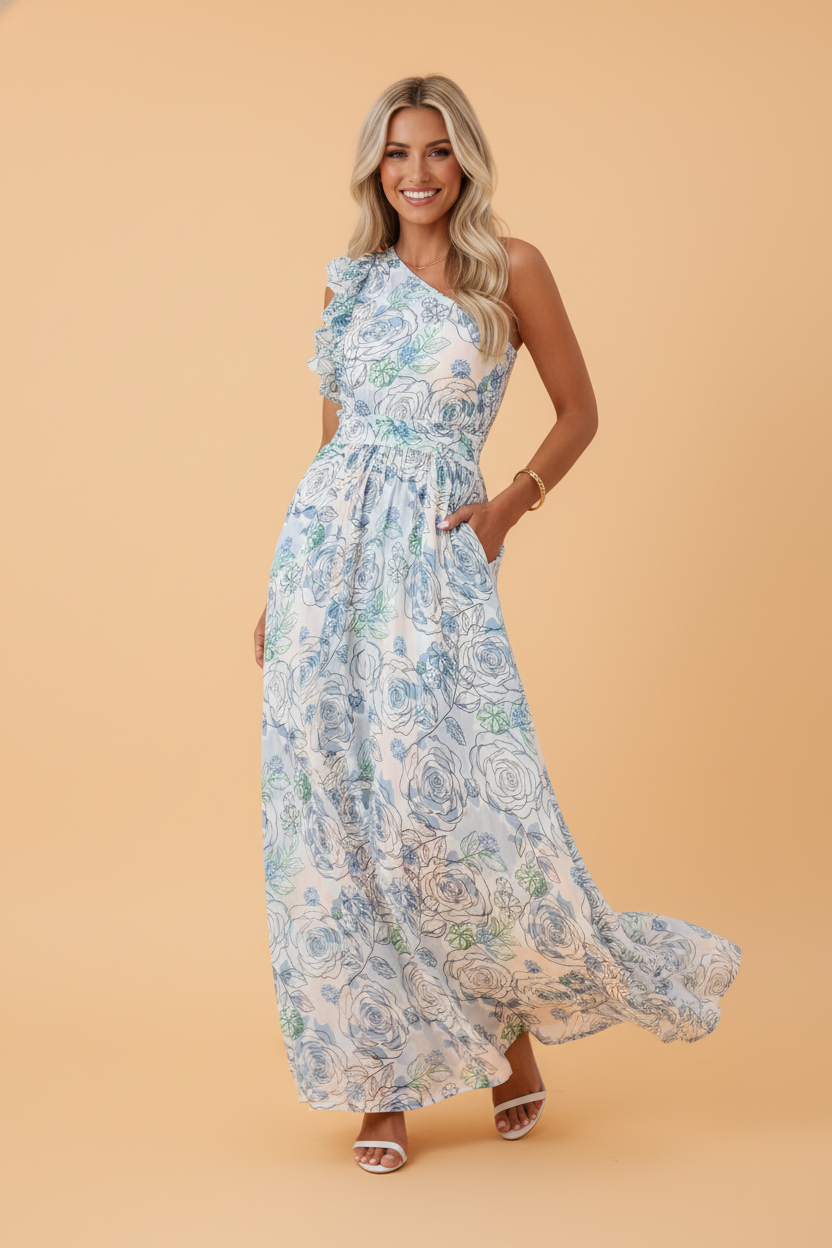 Floral Ruffle One Shoulder Maxi Dress in Sky Blue - front view showing ruffle one shoulder neckline