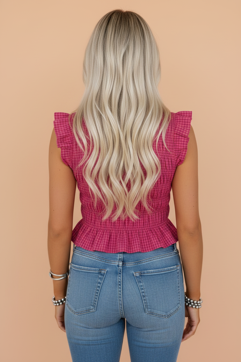 Gingham Plaid Shirred Ruffle Trim Tank Top in Red - back view