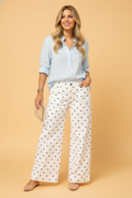 Polka Dot Denim Scalloped Patch Pocket Pants in White - front view showing scalloped pockets