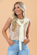 Gingham Sweater Tank Top & Detachable Knit Shawl in Khaki - front view showing tank and shawl together