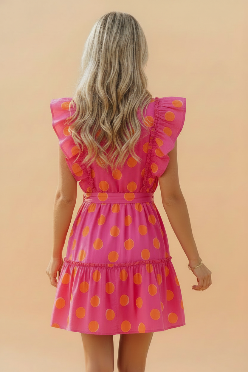 Polka Dot V-Neck Ruffle Belted Mini Dress