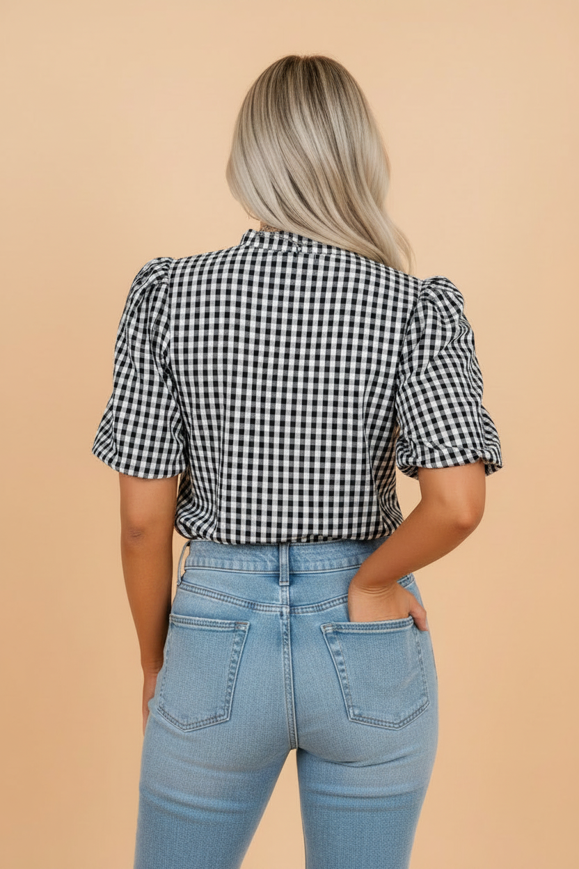 Gingham Plaid Puff Sleeve Frilled Neck Blouse in Black - back view