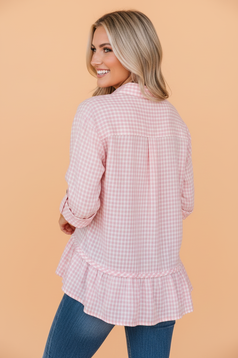 Gingham Plaid 3/4 Sleeve Ruffle Buttoned Shirt in Pink - back view