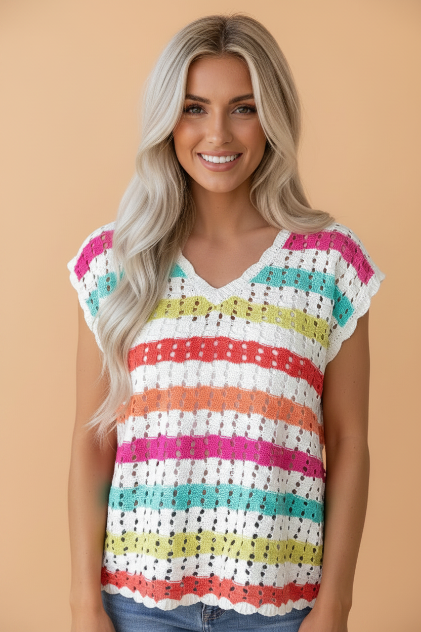 Stripe Eyelet Knit V-Neck Short Sleeve Sweater Tee in Multicolour - front view showing V-neck and eyelet texture
