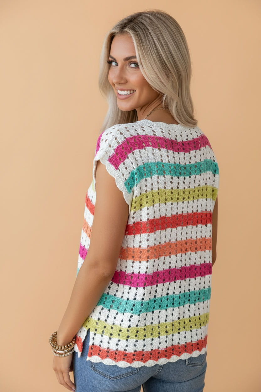 Stripe Eyelet Knit V-Neck Short Sleeve Sweater Tee in Multicolour - back view