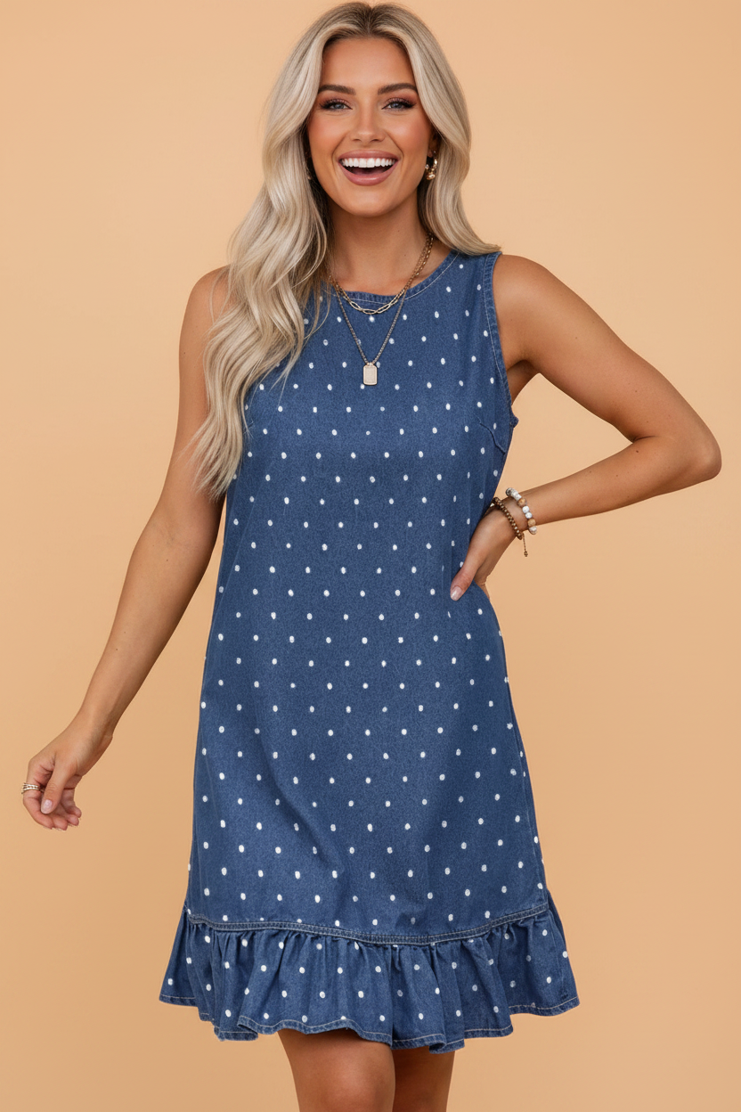 Polka Dot Ruffle Hem Sleeveless Mini Dress in Blue - front view showing ruffle hem and polka dot print