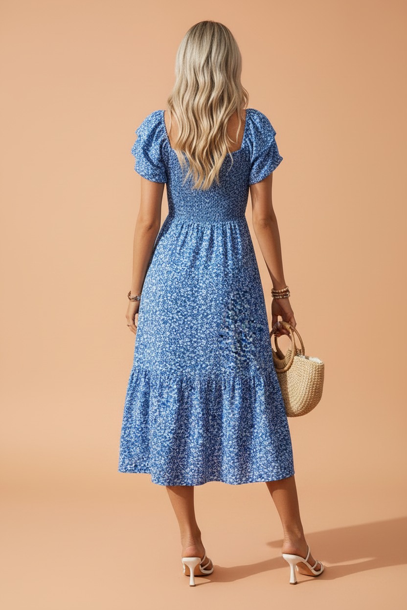 Floral Smocked Square Neck Ruffle Sleeve Dress in Blue - back view