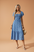 Floral Smocked Square Neck Ruffle Sleeve Dress in Blue - front view showing smocked bodice and ruffle sleeves