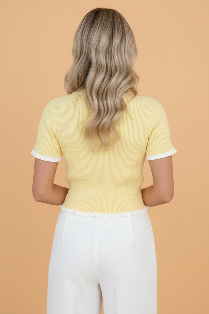 Solid Ribbed Frilled Short Sleeve Sweater Cardigan in Yellow Cream - back view