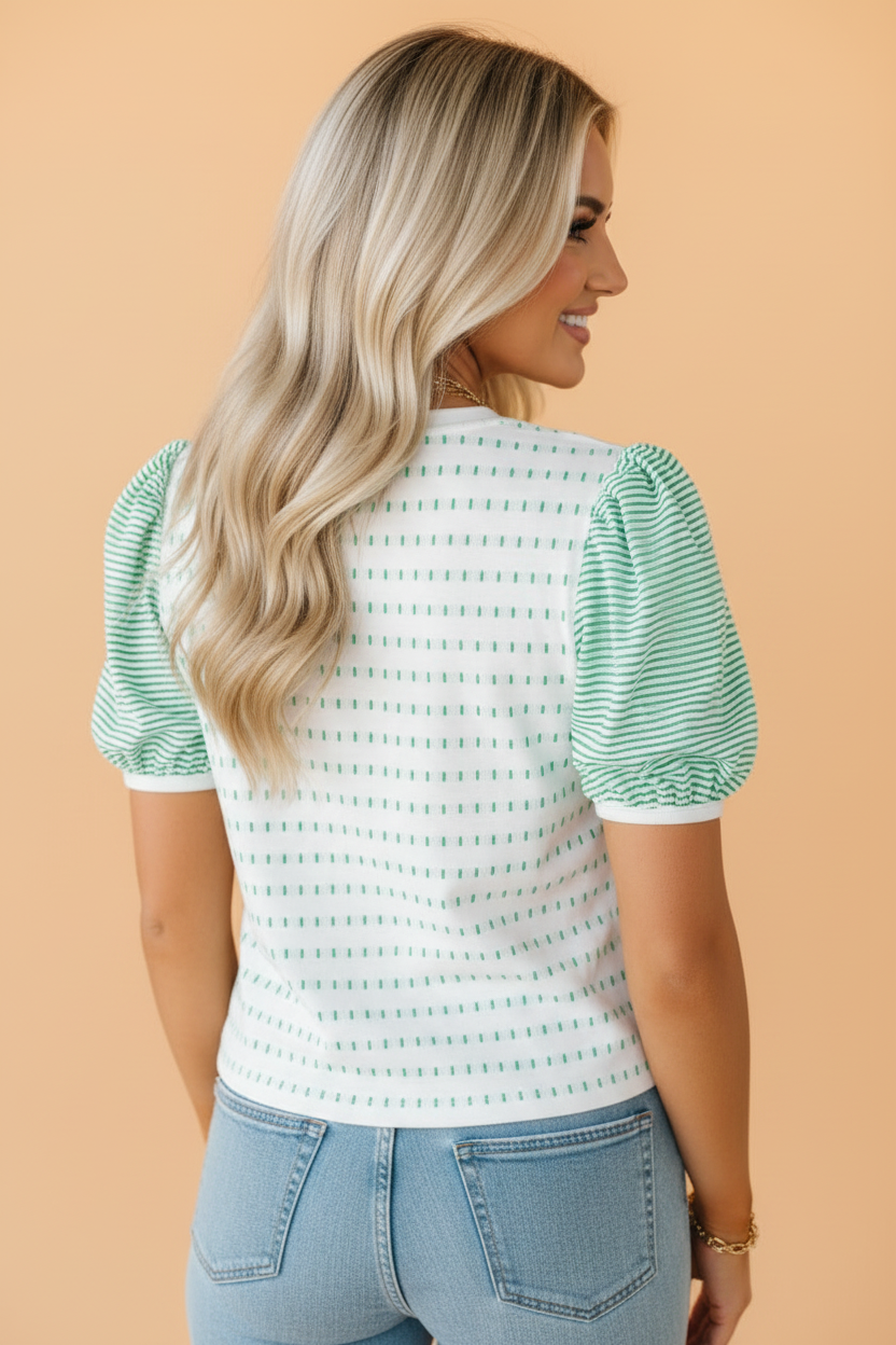 Stripe Patchwork Short Puff Sleeve Top in Green - back view