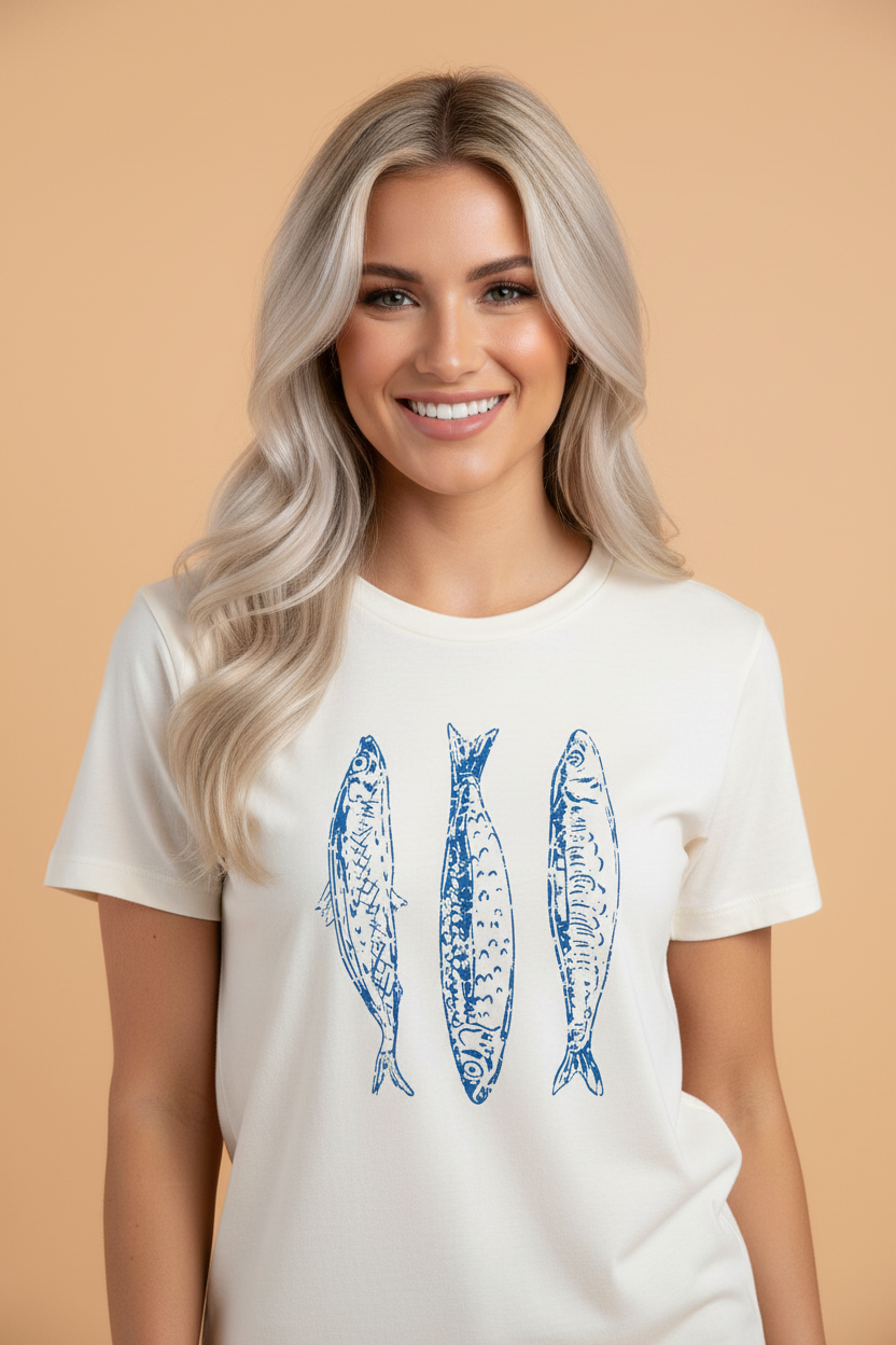 Fish Short Sleeve Round Neck Graphic T-Shirt in White - front view showing fish print