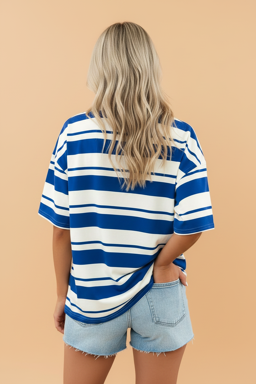 Stripe USA Graphic Drop Shoulder Short Sleeve T-Shirt in Blue Stripe - back view