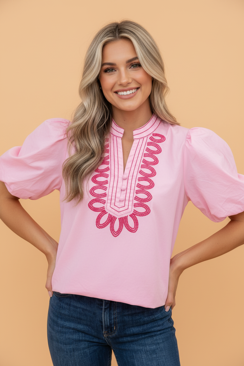 Boho Embroidered Puff Sleeve Cotton Blouse in Pink - front view showing embroidered placket and puff sleeves
