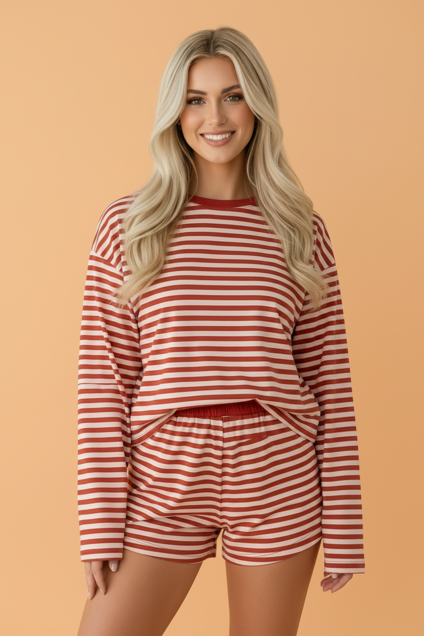 Brown Stripe long sleeve top and elastic waistband short set