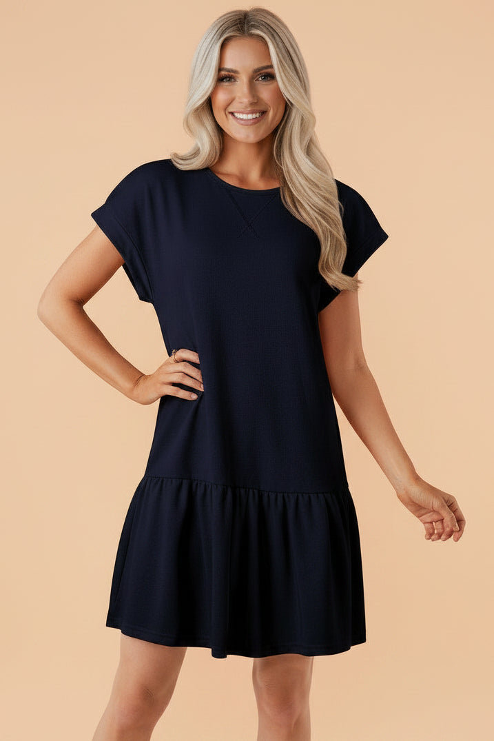 Navy Blue solid color cap sleeve ruffle hem short dress