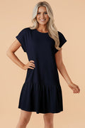 Navy Blue solid color cap sleeve ruffle hem short dress