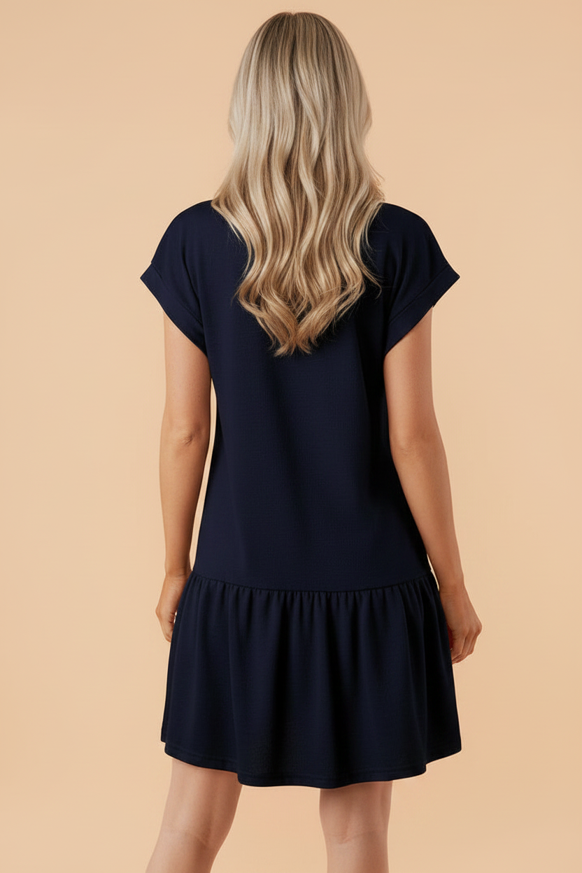 Solid color cap sleeve dress styled look