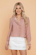 Red Stripe textured button-up shirt with ruffle trim cuffs