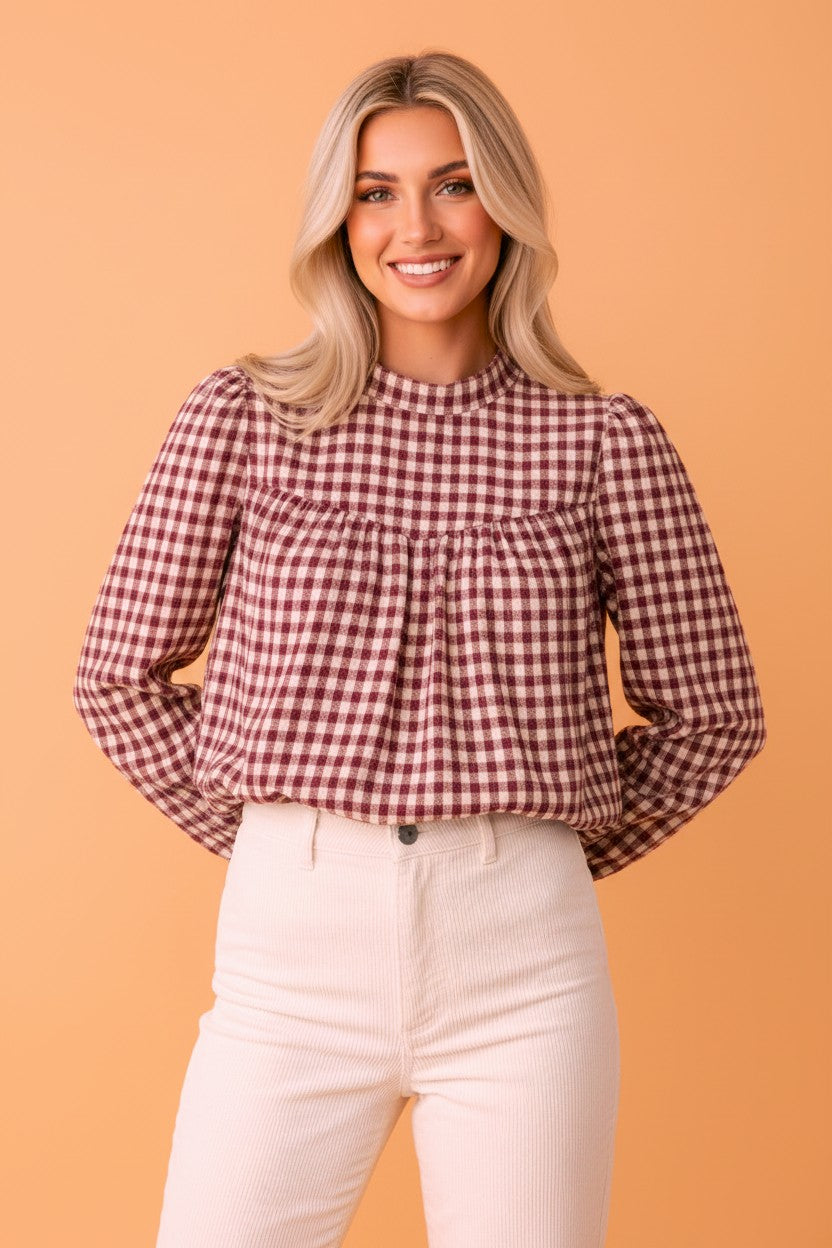 Coral plaid button keyhole pleated long sleeve blouse