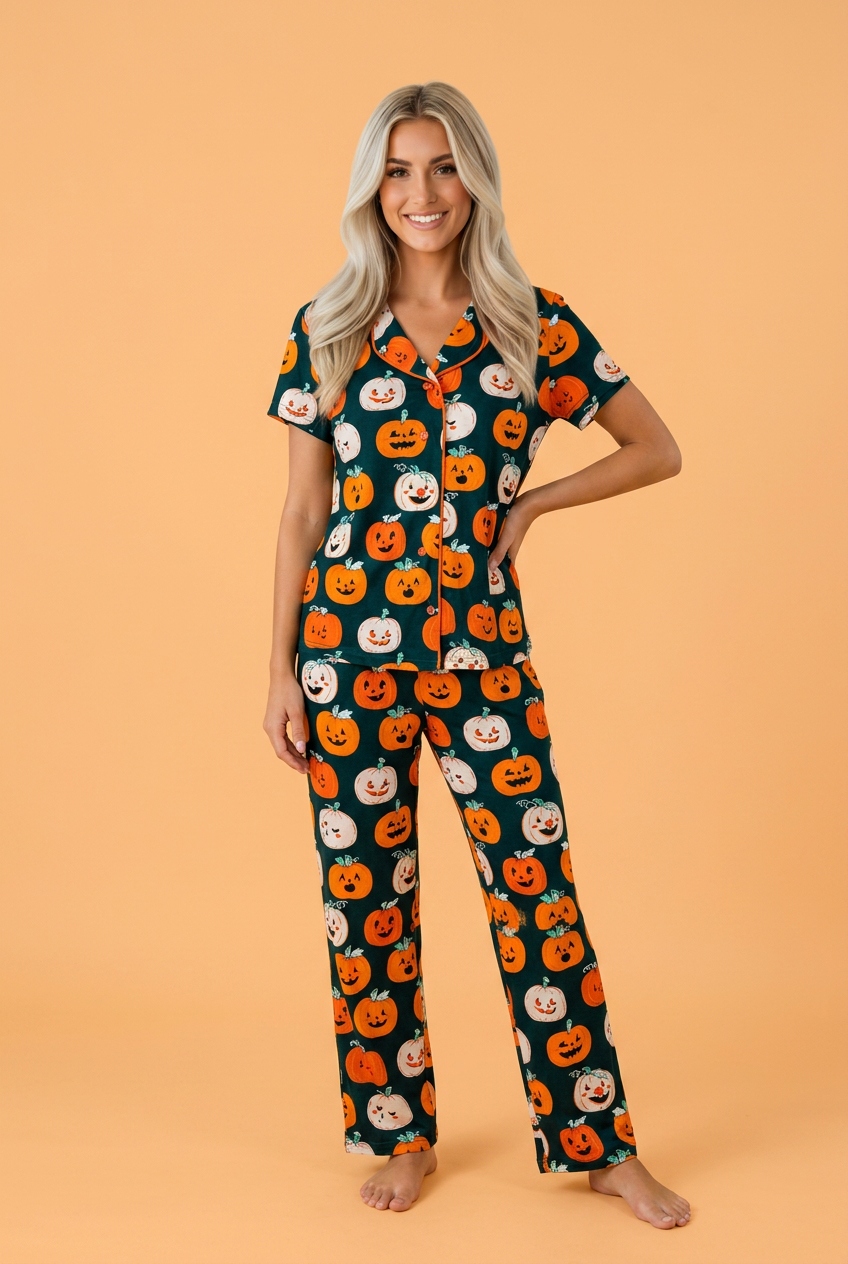 Halloween Pumpkin Shirt and Pants Pajama Set in Orange, front view