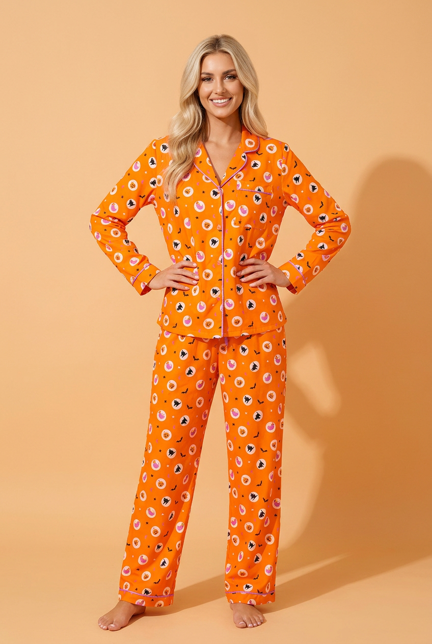 Halloween Long Sleeve Shirt and Pants Pajama Set in Orange, front view