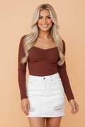Burgundy ribbed top with gathered bust and square neckline