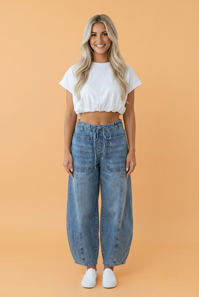 Myosotis barrel jeans with paperbag waist and drawstring