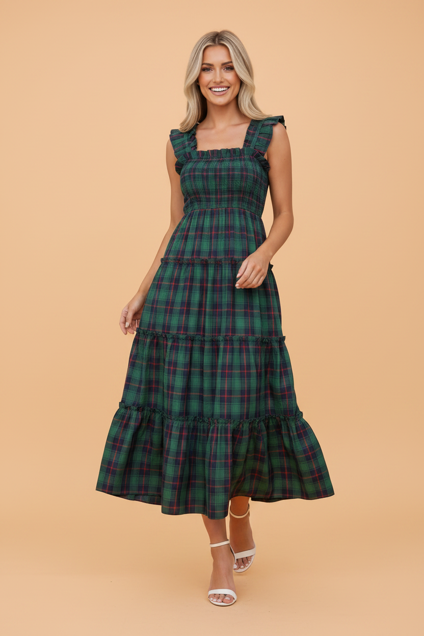 Plaid Ruffle Sleeveless Shirred Tiered Midi Dress in Green, front view