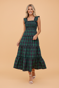 Plaid Ruffle Sleeveless Shirred Tiered Midi Dress in Green, front view