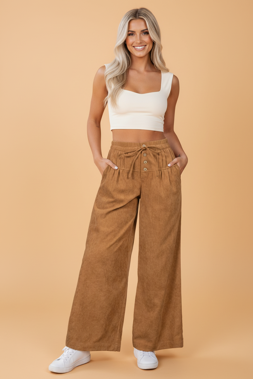 Corduroy Elastic Waist Wide Leg Pants in Thai curry, front view