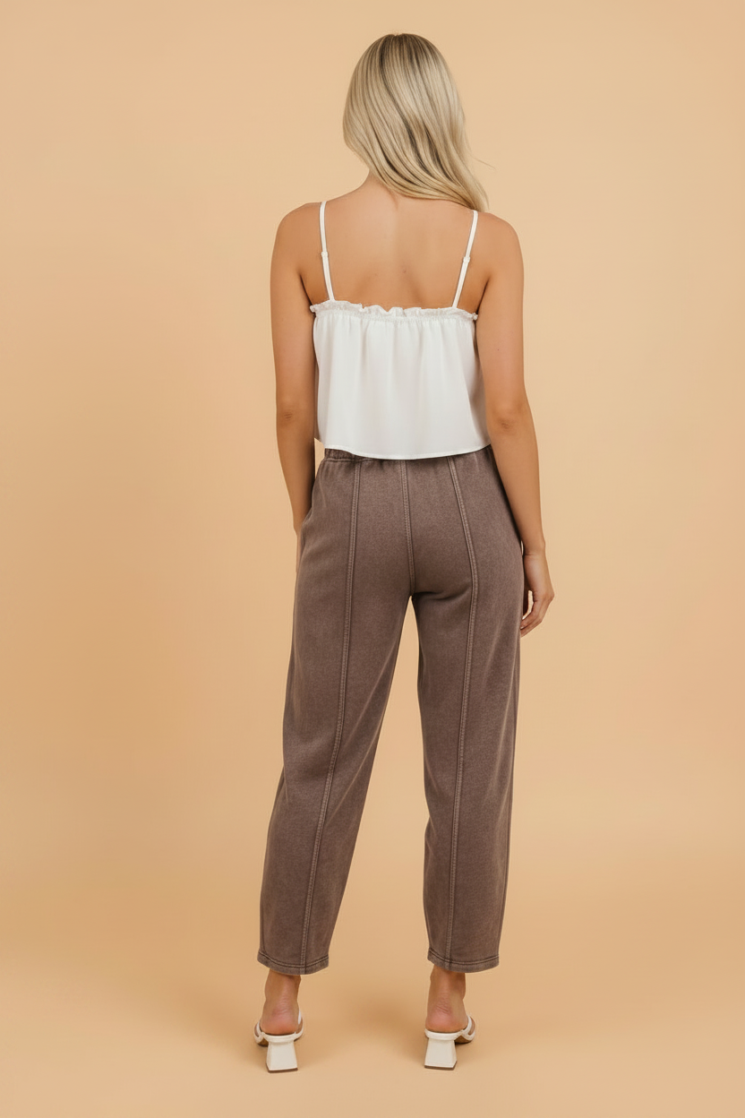 Mineral Wash Elastic Waist Barrel Leg Pants in coffee, detail