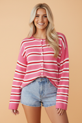 Stripe Drop Shoulder Buttoned Knit Cardigan in blue stripe, front view