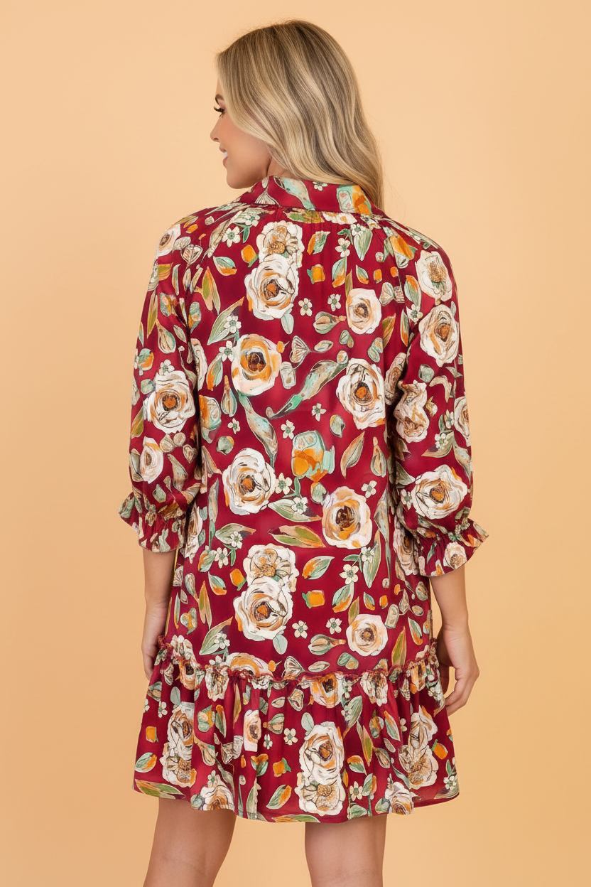 Floral Ruffle V-Neck Mini Dress in red, detail