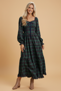 Plaid Lace Trim Long Sleeve Maxi Dress, front view